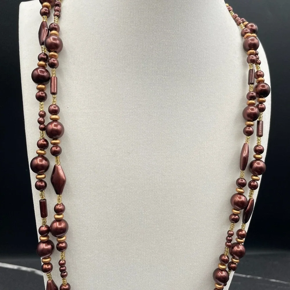 Vintage Burgundy Cord Classic Pearl Double Strand Beaded‎ Lobster Long Necklace
